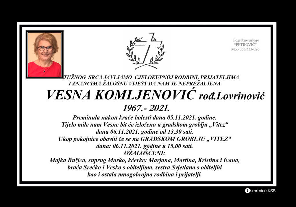 Pročitajte više o članku Vesna Komljenović rođ. Lovrinović