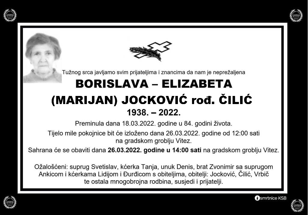 Pročitajte više o članku Borislava – Elizabeta (Marijan) Jocković rođ. Čilić